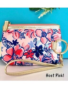 LILLY PULITZER ~ Small Floral Wristlet w/Gold Strap Hardware Coral Pink Inner